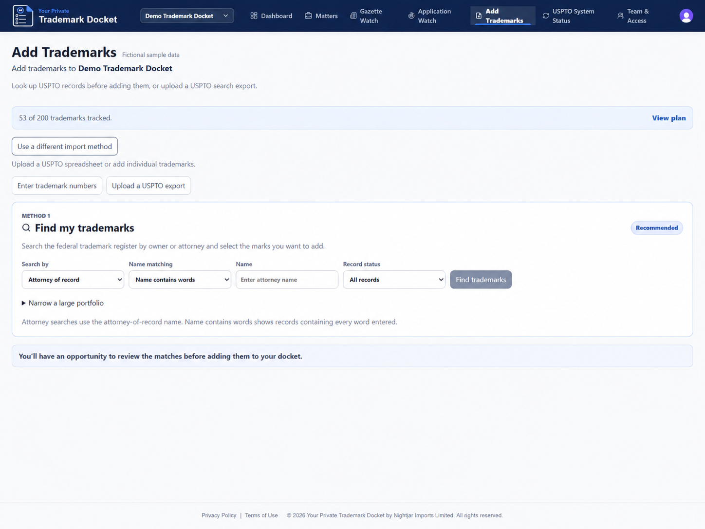 Fictional sample data: Add Trademarks page with owner search, serial-number entry, and USPTO spreadsheet upload options.