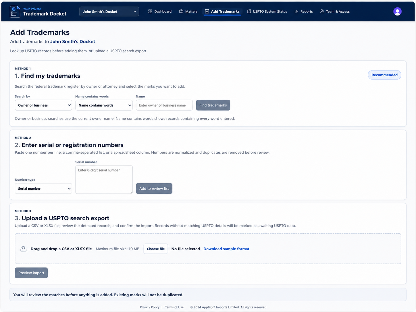 Add Trademarks page with owner search, serial-number entry, and USPTO spreadsheet upload options.