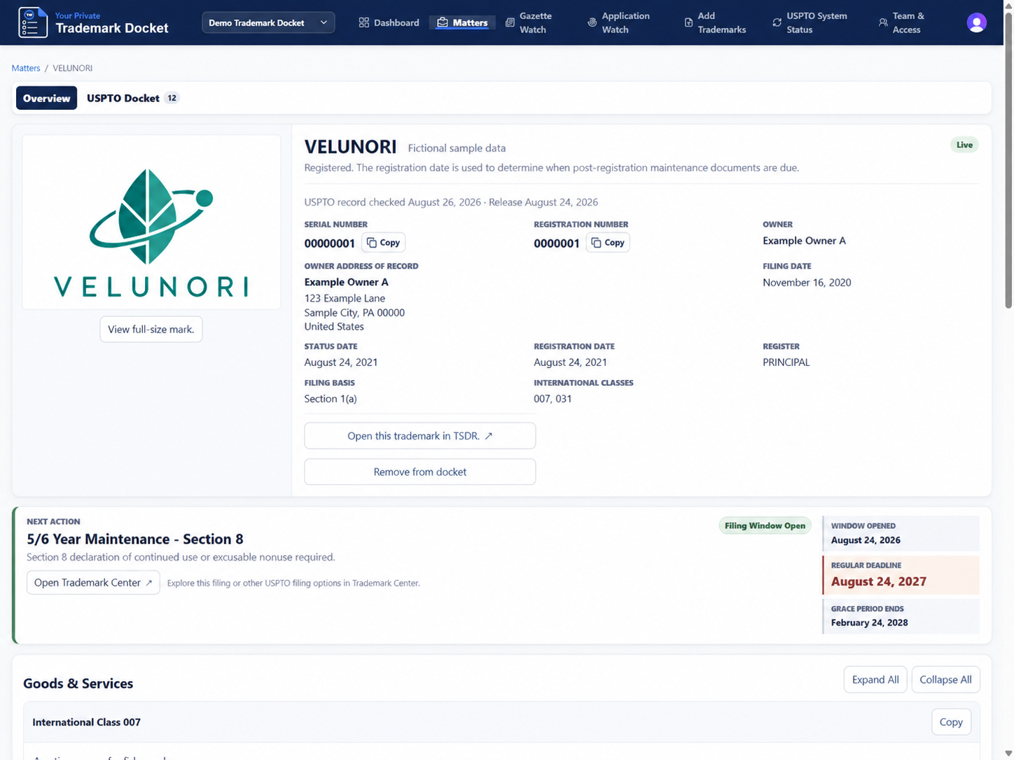 Fictional sample data: Trademark matter page showing the mark image, owner details, and next maintenance action.