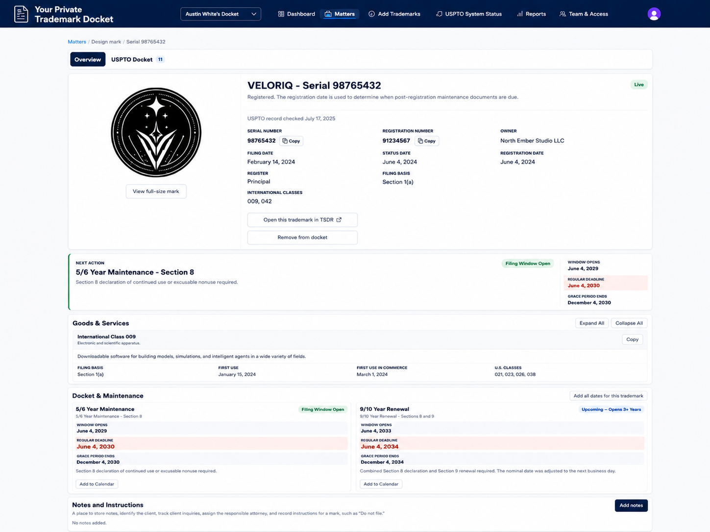 Trademark matter page showing official details, next action, goods and services, maintenance deadlines, and Notes and Instructions.
